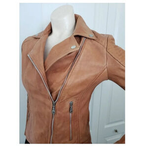 BNWT Stradivarius  Sheep Leather Motorcycle style Fitted Brown Jacket Small